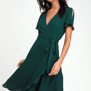 Lulu's Rise to the Occasion Emerald Green Midi Wrap Dress- Medium